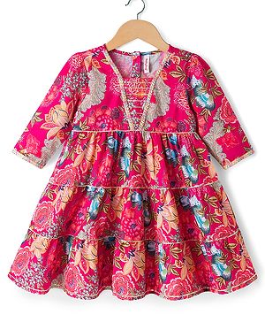 Babyhug 100% Cotton Woven Three Forth Sleeves Floral Printed Sequinned Tiered Ethnic Dress - Fuchsia