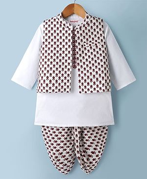 Babyhug Cambric Woven Full Sleeves Dhoti Kurta Set & Nehru Jacket With Floral Print - White