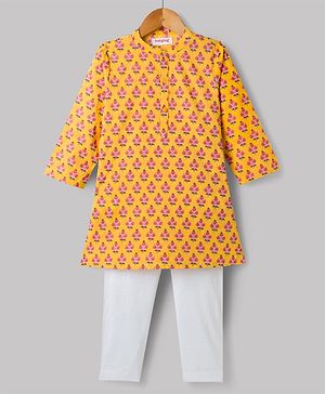 Babyhug 100% Cotton Cambric Woven Full Sleeves Floral Printed Kurta & Pyjama Set - Yellow
