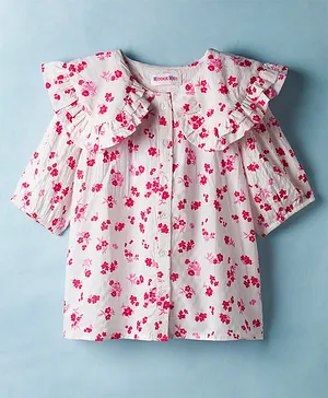 Kookie Kids Woven Half Puff Sleeves Front
                      Open Collared Top with Floral Print - White &
                      Red