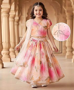 Babyhug Woven Half Puffed Sleeves Choli Lehenga Set with Dupatta & Floral Foil Print - Multicolor