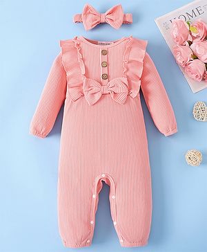 Mark & Mia Full Sleeves Winter Wear Solid Romper With Bow Applique & Headband - Pink