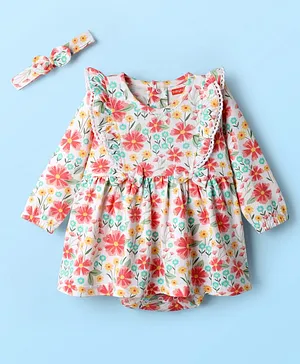 Babyhug 100% Cotton Interlock Knit
                              Onesies With Hairband & Floral Print -
                              Multicolour