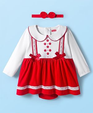 Babyhug 100% Cotton Interlock Knit Full Sleeves Frock Syle Onesies With Hairband - Red