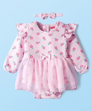 Babyhug 100% Cotton Interlock Knit Full Sleeves Frock Style Onesie with Frill Detailing Floral Print Bow Applique & Hairband - Pink
