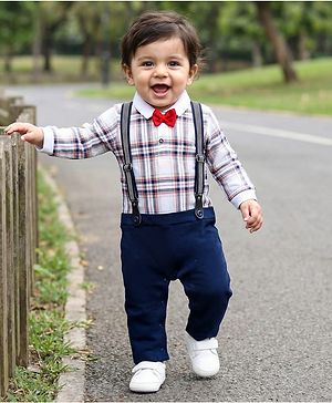 Babyhug Interlock Knit Full Sleeves Checks Party Romper With Bow Applique & Suspender - Navy Blue & White