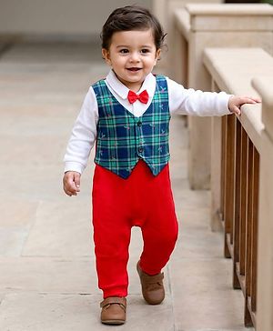 Babyhug Interlock Knit Full Sleeves Party Romper with Attached Waist Coat & Bow & Check Detailing - White Blue & Red