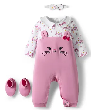 Babyhug 100% Cotton Knit Full Sleeves Bunny Embroidered Romper With Hairband & Booties - Pink