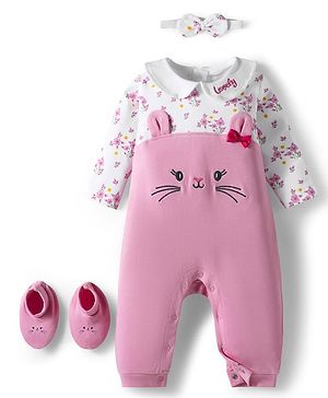 Babyhug 100% Cotton Knit Full Sleeves Bunny Embroidered Romper With Hairband & Booties - Pink