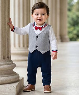 Babyhug Interlock Knit Full Sleeves Party Romper With Attached Waistcoat & Bow Applique - Multicolor