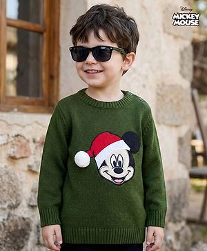 Babyhug Disney Woven Full Sleeves Pullover Sweater with Mickey Mouse Patch Detailing - Green