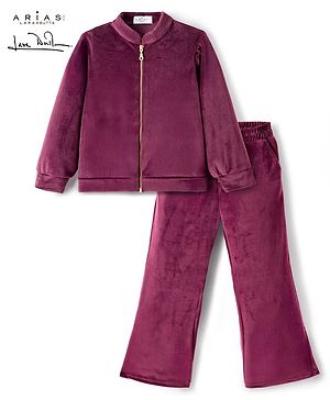 Arias Corduroy Knit Full Length Solid Color Front Open Jacket With Flared Pants Set - Wine