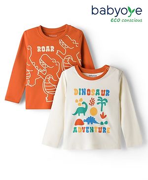 Babyoye 100% Cotton Knit Full Sleeves T-Shirts With Dino Print Pack of 2 - Orange & White