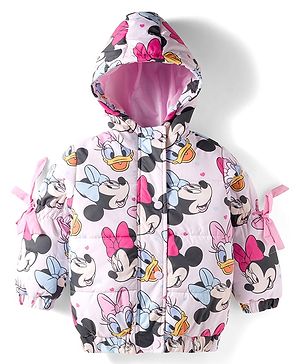Babyhug Disney Woven Full Sleeves Hooded Padded Jacket With Minnie & Friends Print - Pink