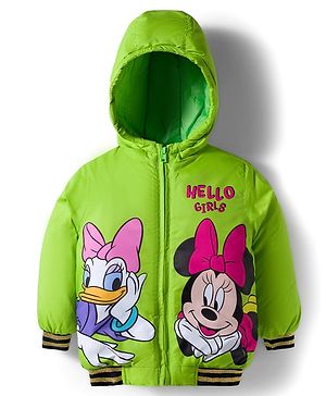 Babyhug Disney Woven Full Sleeves Hooded Padded Jacket With Minnie & Friends Graphics & Frill Detailing - Neon Green