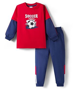 Babyhug Terry Knit Full Doctor Sleeves T-Shirt & Joggers Set with Soccer Tournament Text Print - Red & Navy Blue