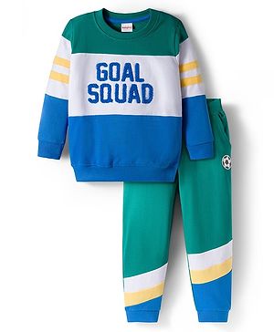Babyhug Terry Knit Premium Light Gauge Terry Full Sleeves T-Shirt and Joggers Set with Goal Squad Text Design - Green & Blue