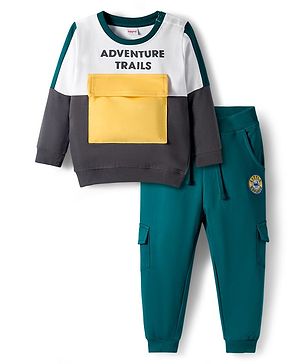 Babyhug Terry Knit Premium Light Gauge Terry Full Sleeves T-Shirt & Jogger Set with Ready For Road Trip Text Print - Teal Blue