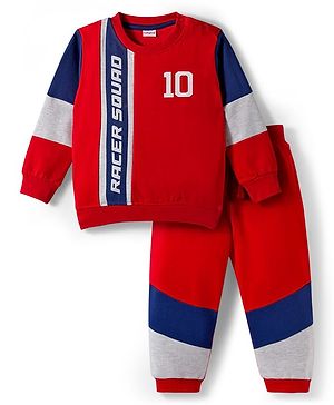 Babyhug Terry Knit Premium Light Gauge Terry Full Sleeves T-Shirt and Jogger Set with Racer Squad Text Print - Red & Blue