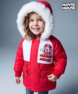 Babyhug Disney Woven Full Raglan Sleeves Hooded Padded Jacket with Minnie Mouse Print - Red
