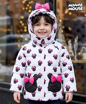 Babyhug Disney Woven Full Sleeves Hooded Winter Jacket With Minnie Mouse Print & Ear Bow Applique - White