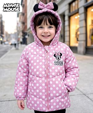 Babyhug Disney Woven Full Sleeves Hooded Winter Jacket With Minnie Mouse Graphics & Ear Bow Applique - Pink