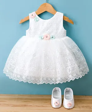 Bluebell Net Woven Sleeveless Party
                              Dress With Floral Applique & Booties -
                              White