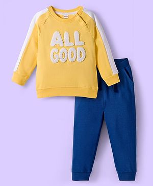 Babyhug Terry Knit Premium Light Gauge Terry Full Sleeves T-Shirt & Jogger Set with All Good Text Print - Yellow & Blue