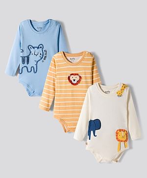 Bonfino 100% Cotton Knit Full Sleeves Onesies With Animal Print & Applique Pack of 3 - White Light Orange & Light Blue