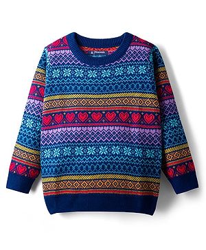 Pine Kids Knit Full Sleeves Pullover Sweater with Fair Isle Design - Blue