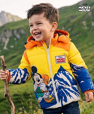 Babyhug Disney Woven Full Sleeves Hooded Winter Jacket With Mickey Mouse Graphics & Patch - Yellow