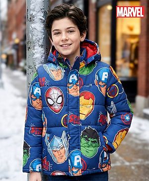 Pine Kids Marvel Woven Full Sleeves Winter Jacket With Avengers Print & Detachable Hood - Navy Blue