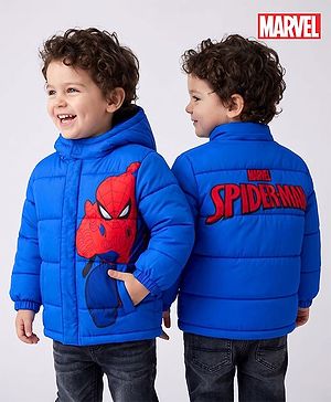 Babyhug Marvel Woven Full Sleeves Hooded Winter Jacket With Spider Man Graphics - Blue