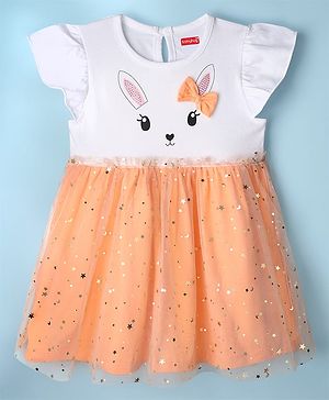 Babyhug Cotton Knit Frill Sleeves Bunny Printed Frock with Bow Applique & Foil Print - Orange & White