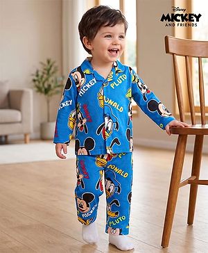 Babyhug Disney Single Jersey Knit Full Sleeves Co-ords Night Suit With Mickey & Friends Print - Blue