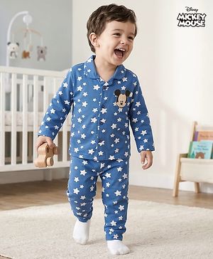 Babyhug Disney 100% Cotton Full Sleeves Front Open Co-Ords Night Suit With Mickey Mouse Graphics - Navy Blue