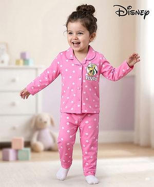 Babyhug Disney Single Jersey Knit Full Sleeves Front Open Night Suit with Minnie Mouse Graphics - Pink