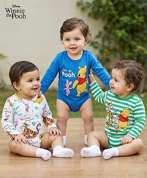 Babyhug Disney Interlock Knit Full Sleeves Onesies With Winnie & Friends Graphic Pack Of 3 - Blue White & Green