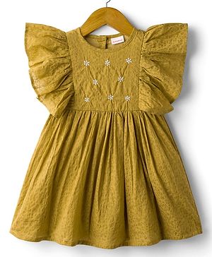 Babyhug Cotton Woven Flutter Sleeves Frock with Floral Embroidery - Olive Green