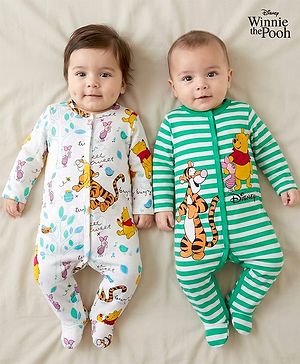 Babyhug Disney Interlock Knit Full Sleeves Footed Sleepsuit With Winnie & Friend Graphics Pack Of 2 - Green & White