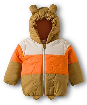 Babyhug Woven Full Sleeves Hooded Padded Jacket With Ear Applique - Beige