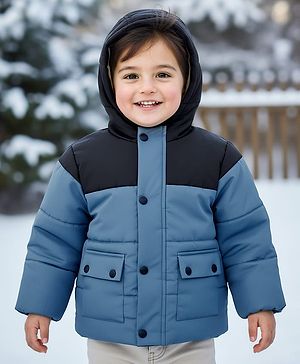 Babyhug Woven Full Sleeves Solid Hooded Padded Jacket - Blue