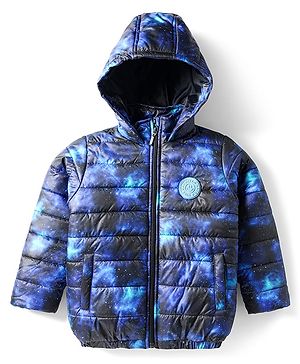 Babyhug Woven Full Sleeves Hooded Padded Jacket With Galaxy Theme Print - Navy Blue