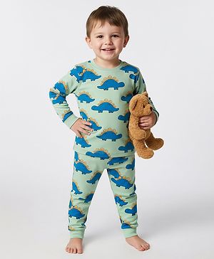 Bonfino 100% Cotton Knit Full Sleeves Co-Ord Night Suit with Dino Print - Mint