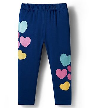 Babyhug Cotton Lycra Knit Full Length Leggings With Heart Print - Navy Blue