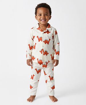 Bonfino 100% Cotton Knit Full Sleeves Co-ords Night Suit With Dino Print - Off White