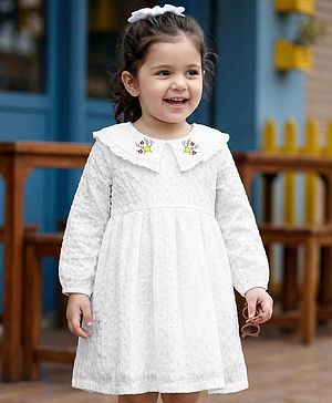 Babyhug Cotton Woven Full Sleeves Frock with Floral Embroidery - White