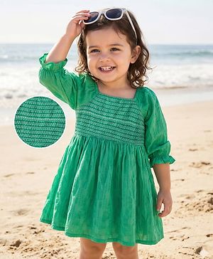 Babyhug 100% Cotton Woven Half Raglan Sleeves Frock with Thread Detailing - Green