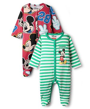 Babyhug Disney Interlock Knit Full Sleeves Footed Sleepsuit With Mickey Mouse Print Pack Of 2 - Green & Red