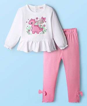 Babyhug Single Jersey Knit Full Sleeves Top and Leggings Set with Back-Snap Buttons Dino Print & Bow Applique - White & Pink